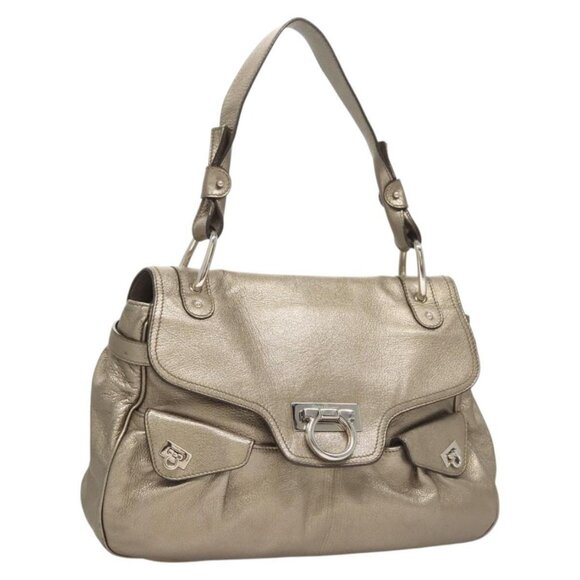 Salvatore Ferragamo Gancini Bag Leather Champagne Gold Silver Auth - Picture 9 of 16